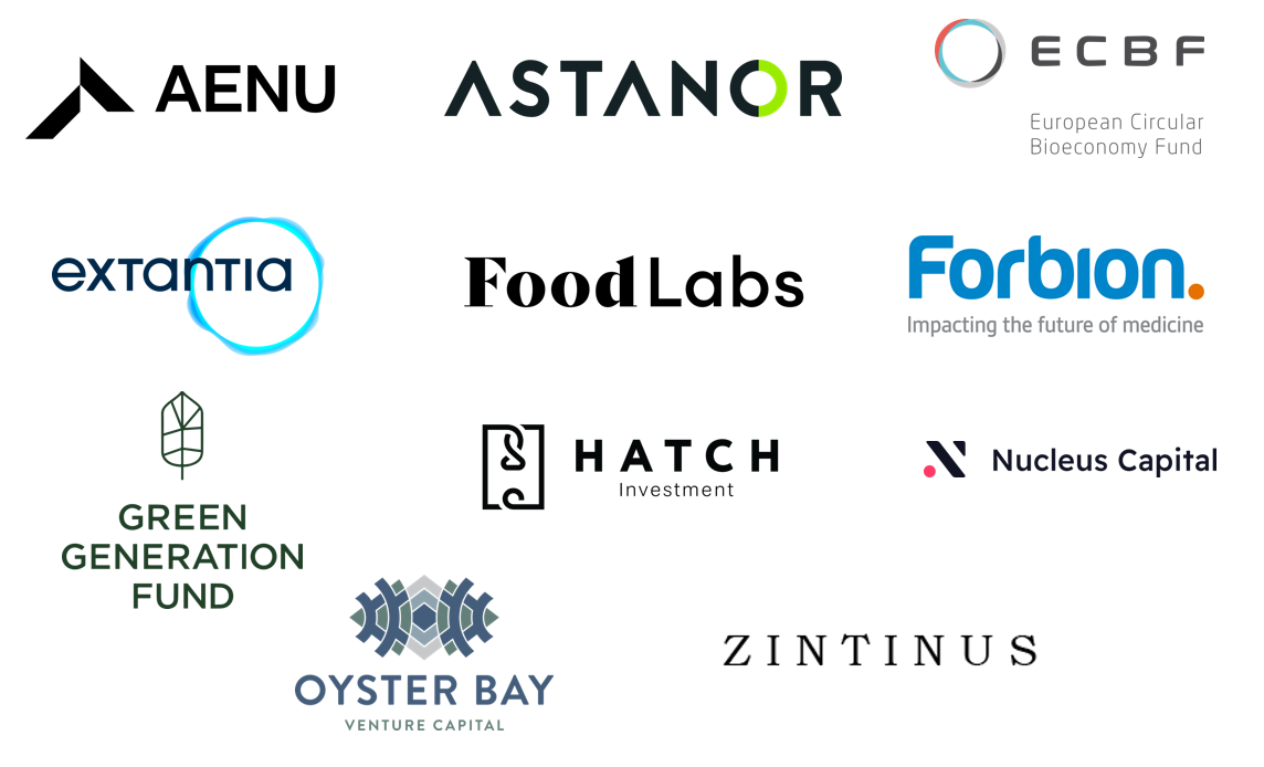 Logos der Venture Capital-Beteiligungen, Aenu, Astanor, ECBF, Extantia, Food Labs, Farbion, Green Generation Fund, Hatch, Nucleus Capital, Oyster Bay, Zintinus